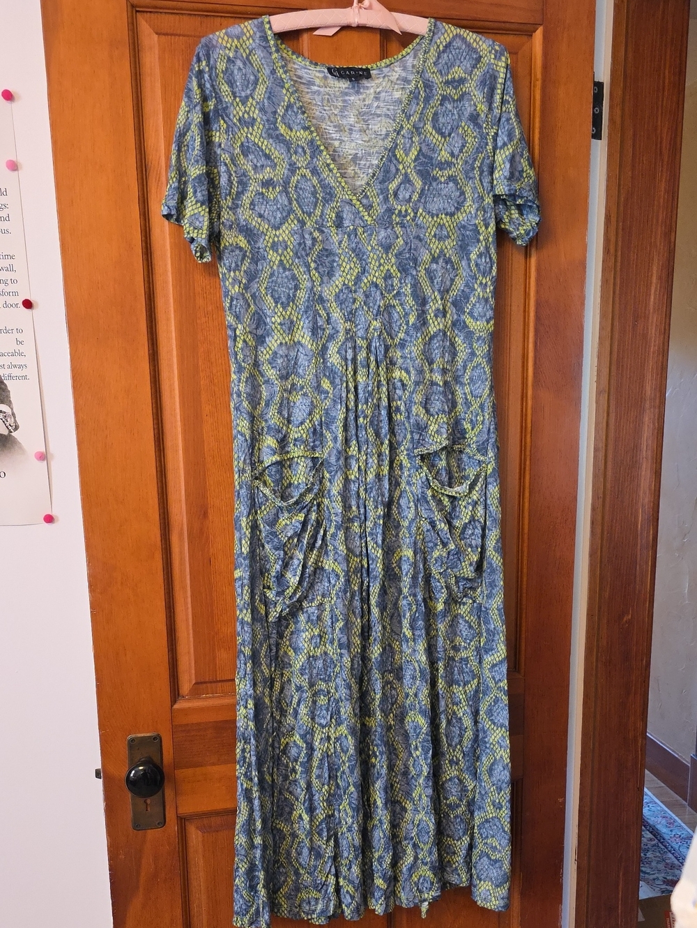 V-Neck Short Sleeve Maxi Dress in Blue and Yellow Snake Print